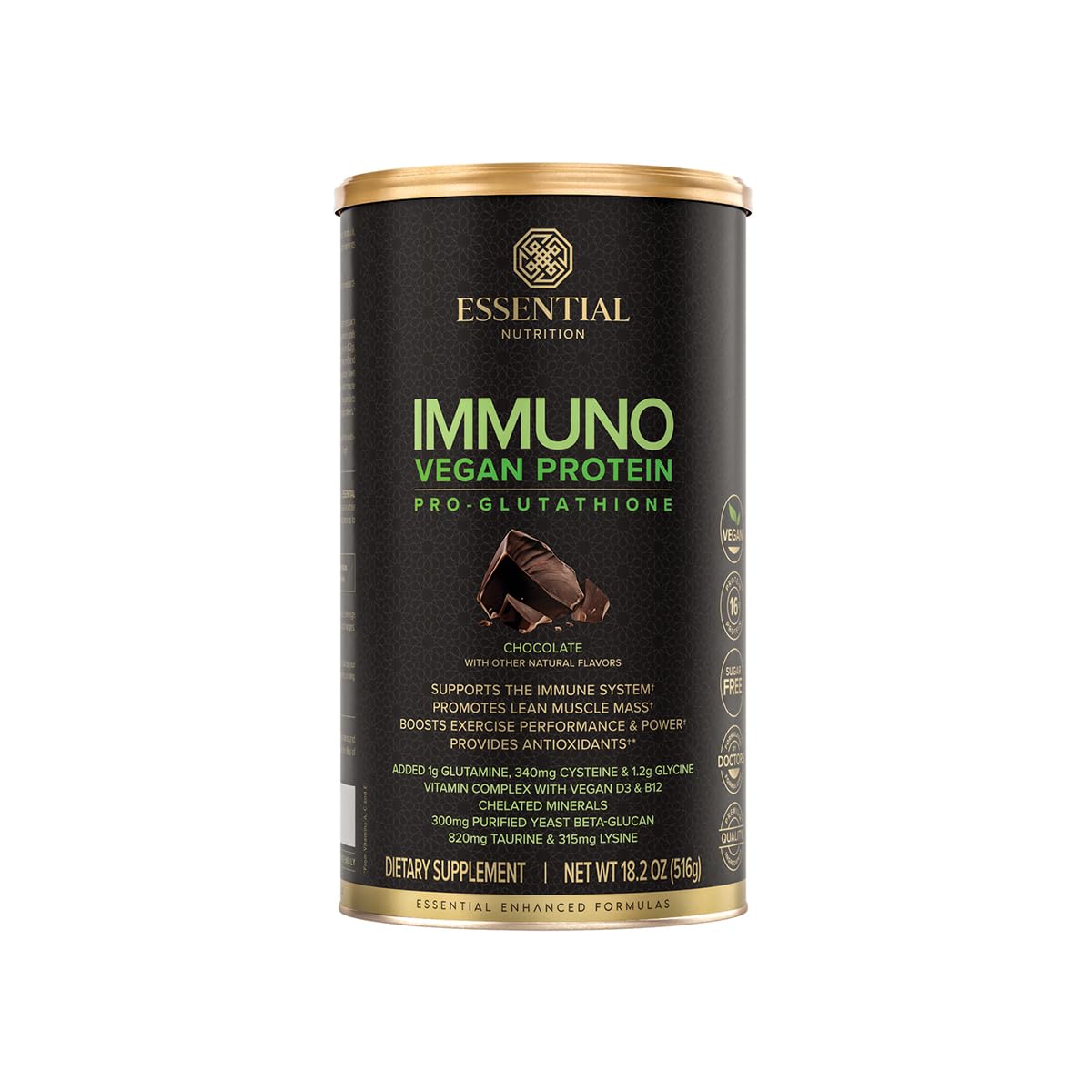 Essential Nutrition Immuno Vegan chocolate protein powder tub for plant-based meals