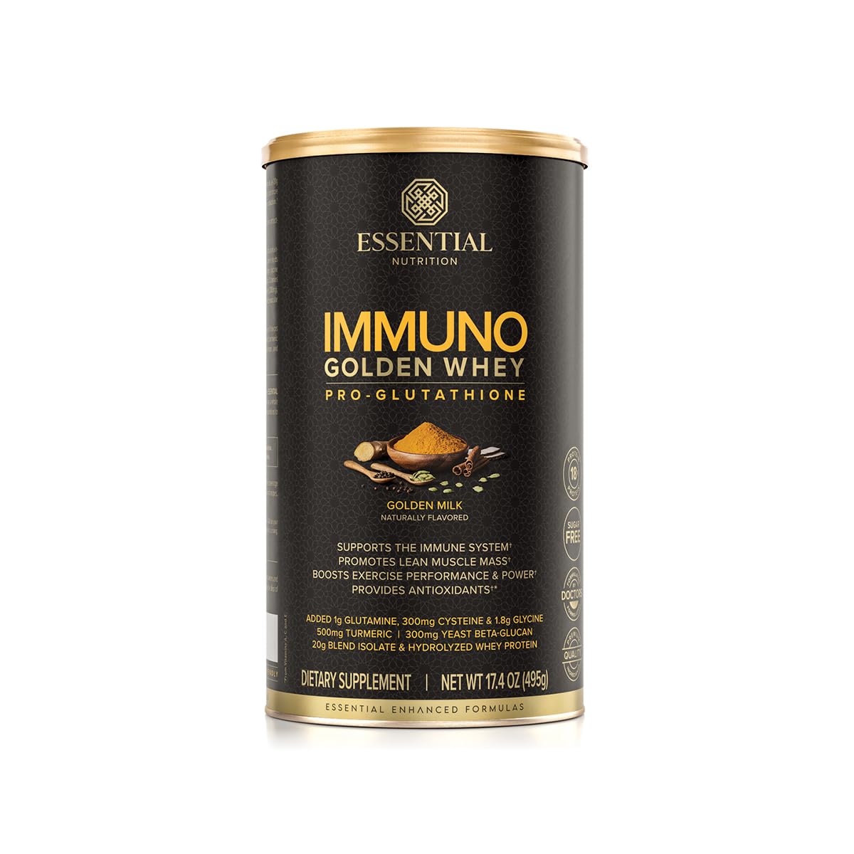 Essential Nutrition Immuno Whey bottle close-up for easy post-workout refuel.