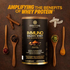 Essential Nutrition Immuno Whey powder jar ready to pour into a shake.