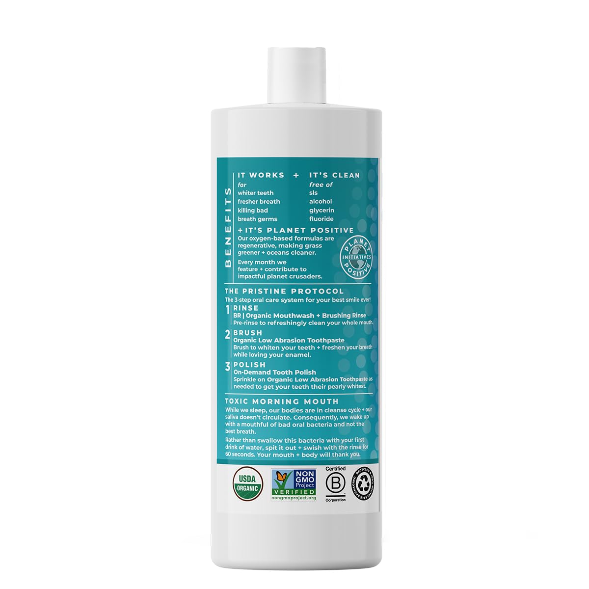 Alcohol-free formula of Essential Oxygen Brushing Rinse supports sensitive mouths.