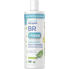 Essential Oxygen Brushing Rinse bottle pour shows peppermint freshness