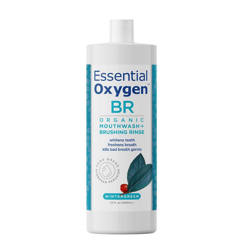 Essential Oxygen Brushing Rinse bottle shows an alcohol-free whitening and fresh breath formula.