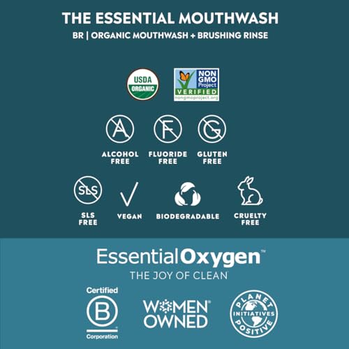 Organic essential oils and hydrogen peroxide in Essential Oxygen Brushing Rinse for natural cleaning.