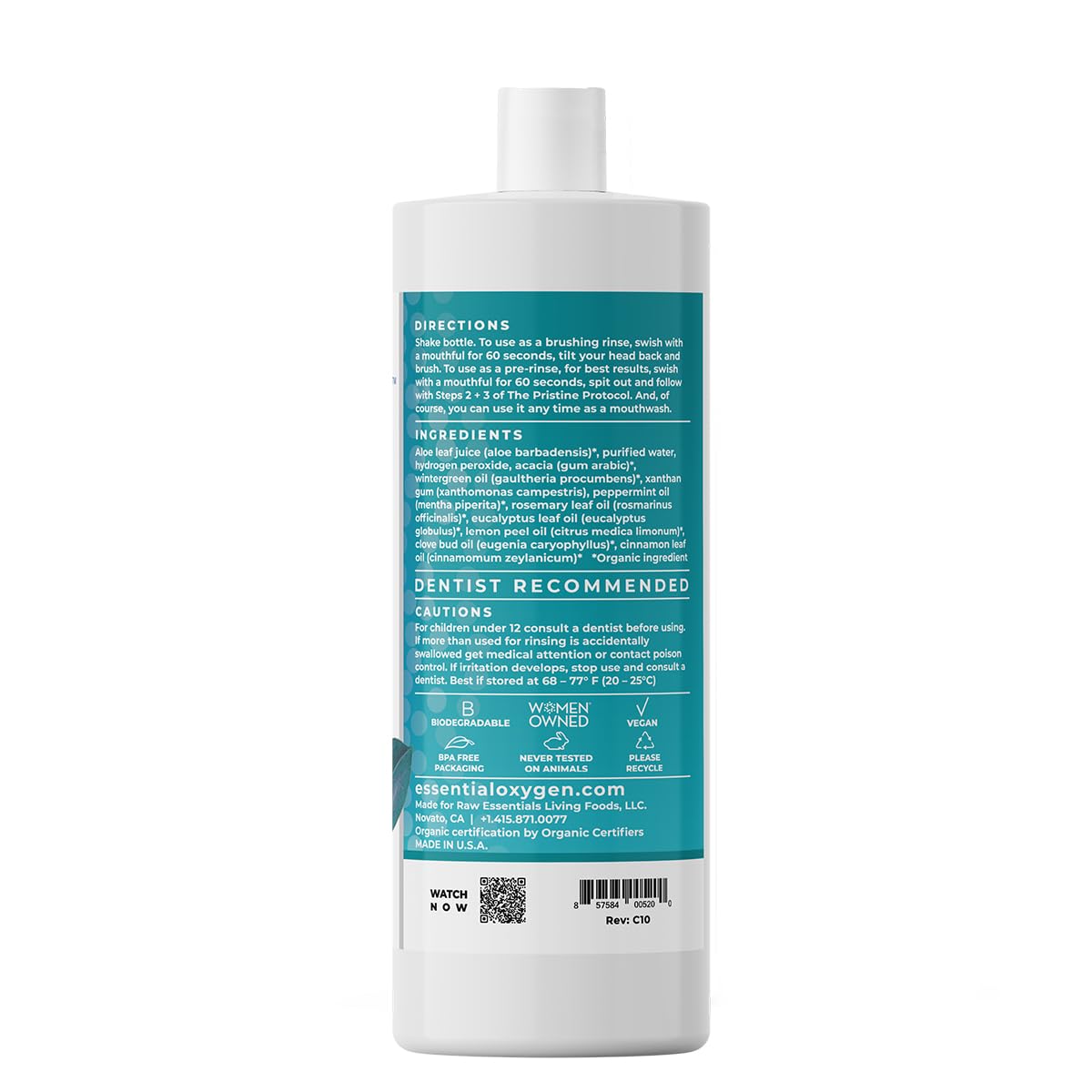 Recyclable packaging of Essential Oxygen Brushing Rinse reflects planet-positive care.