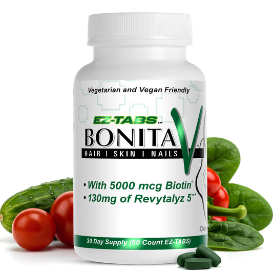 Essential Source Bonita V bottle close-up highlighting high-biotin formula