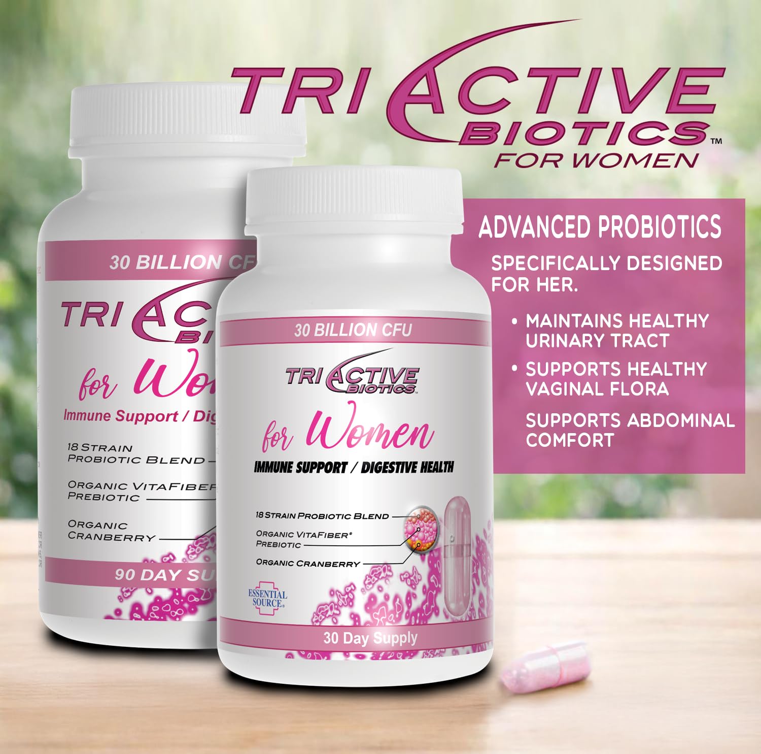 Essential Source Triactive Biotics capsules close up for convenient daily intake.