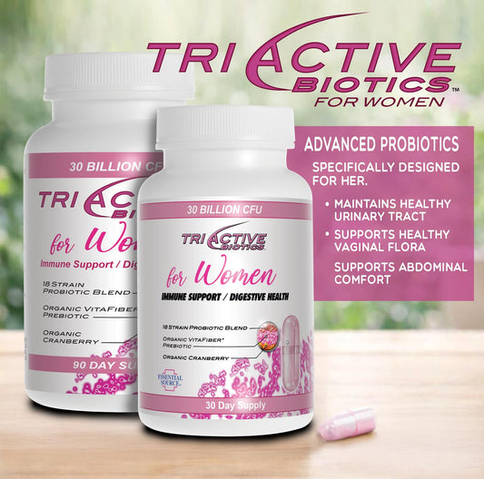 Essential Source Triactive Biotics capsules close up for convenient daily intake.
