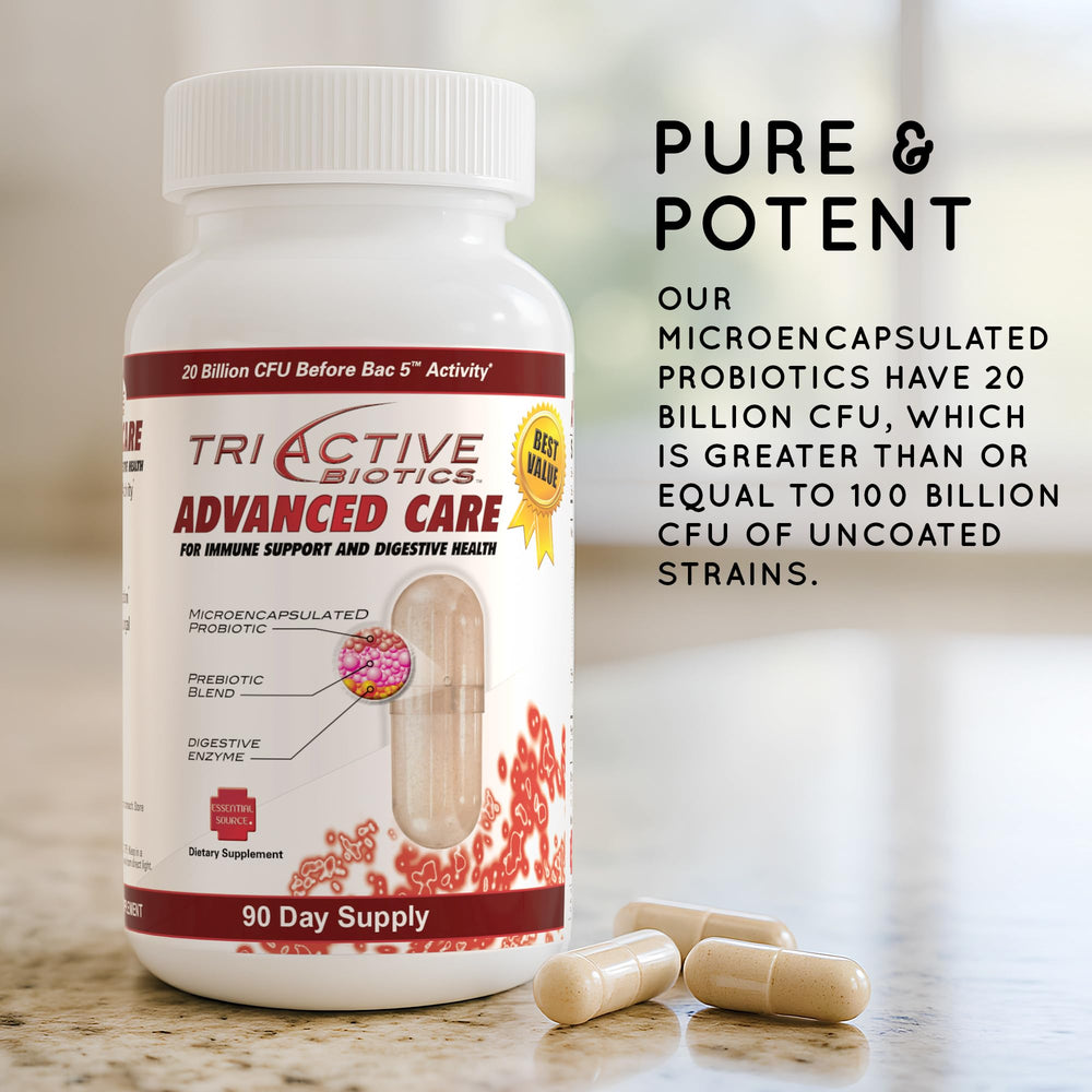 Essential Source TriActive Biotics lifestyle shot with fresh foods and hydration.