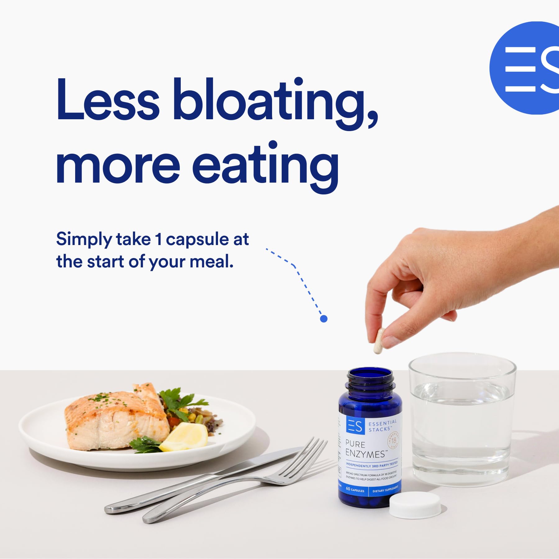 Essential Stacks 18 enzymes label highlighting diverse digestive options