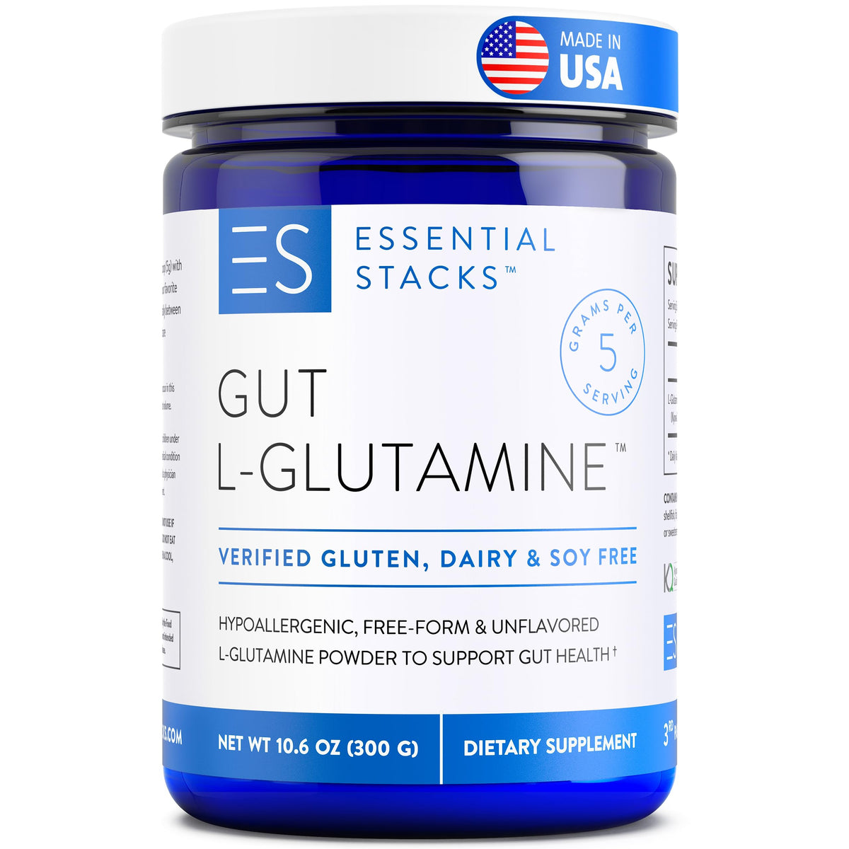 Essential Stacks Gut L-Glutamine powder bottle on a clean counter, supporting gut health