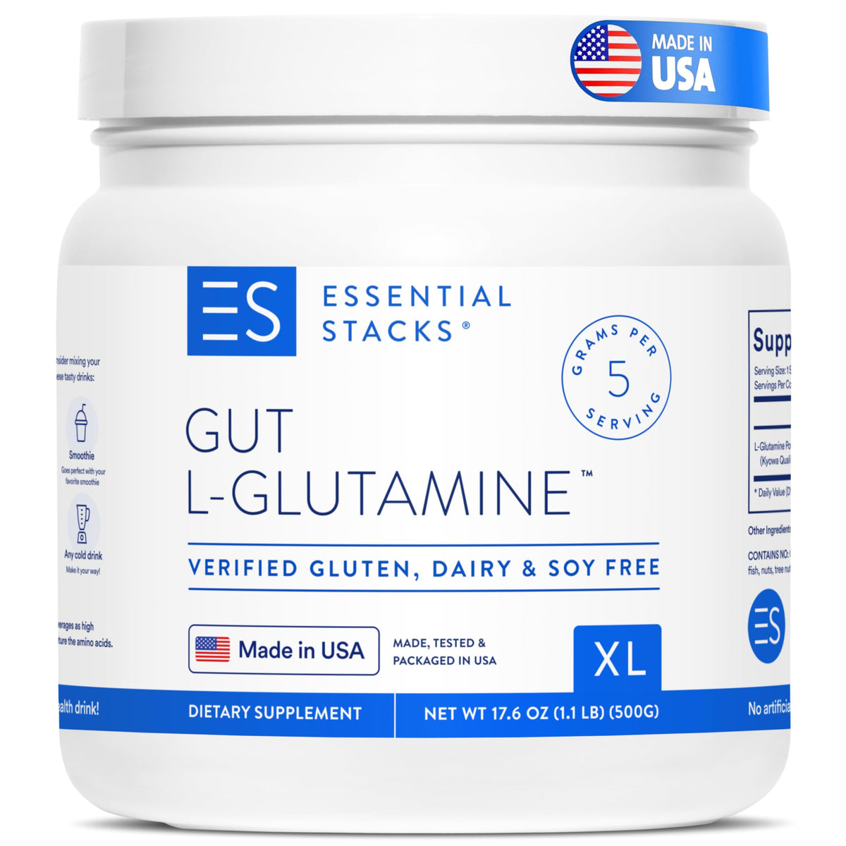 Essential Stacks Gut L-Glutamine Powder bottle highlighting pure unflavored formula for gut health