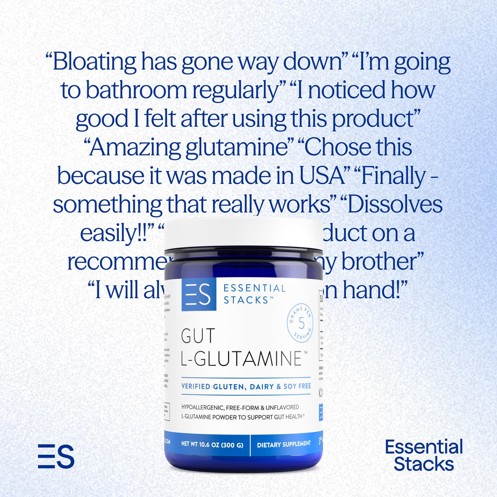 Gluten-free Essential Stacks Gut L-Glutamine powder on shelf