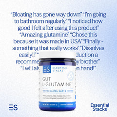 Gluten-free Essential Stacks Gut L-Glutamine powder on shelf