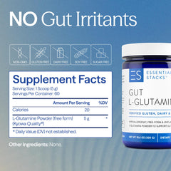 Vegan-friendly Essential Stacks Gut L-Glutamine powder close-up