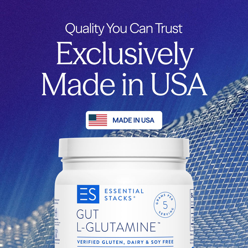 Essential Stacks Gut L-Glutamine scoop demonstrating easy 5-gram daily serving
