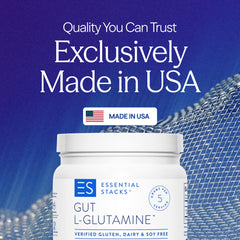 Essential Stacks Gut L-Glutamine scoop demonstrating easy 5-gram daily serving