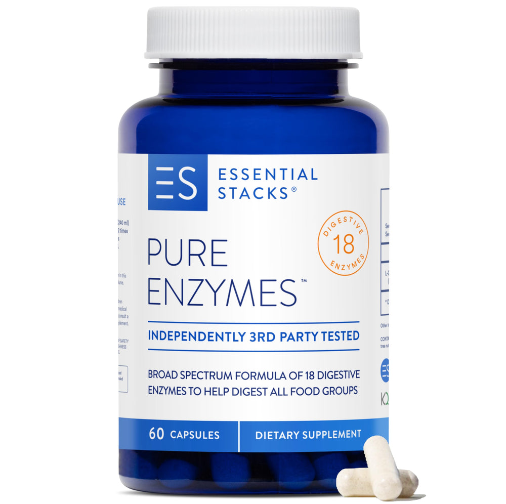 Essential Stacks Pure Digestive Enzymes bottle showing broad enzyme support for meals