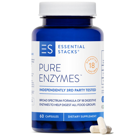 Essential Stacks Pure Digestive Enzymes bottle showing broad enzyme support for meals