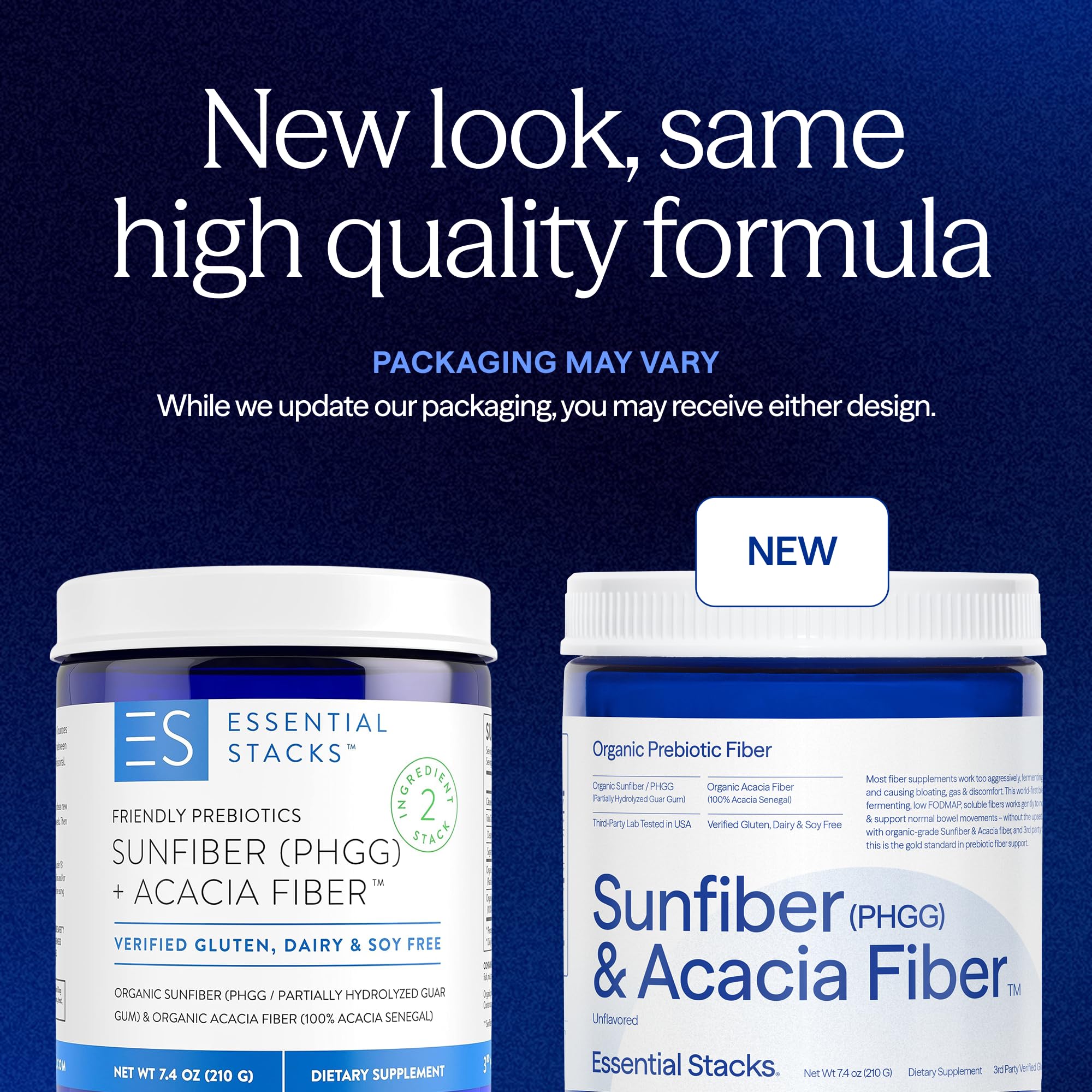 Essential Stacks Sunfiber and Acacia powder jar highlights clean unflavored fiber for versatile mixing.