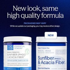 Essential Stacks Sunfiber and Acacia powder jar highlights clean unflavored fiber for versatile mixing.
