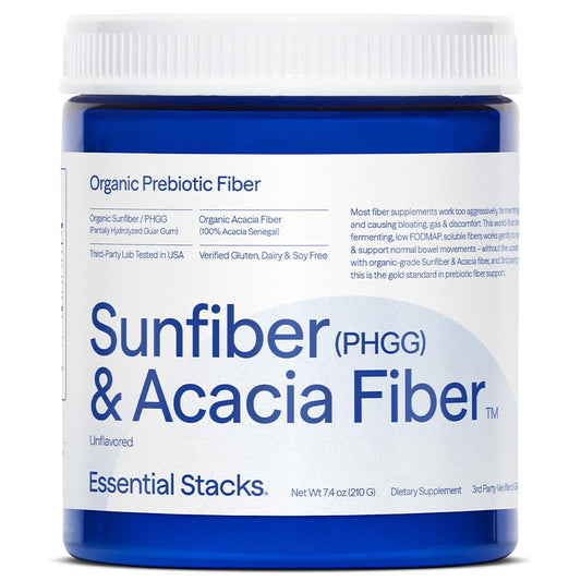 Essential Stacks Sunfiber bottle pour showing an easy daily prebiotic ritual.
