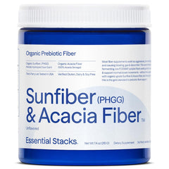 Essential Stacks Sunfiber bottle pour showing an easy daily prebiotic ritual.