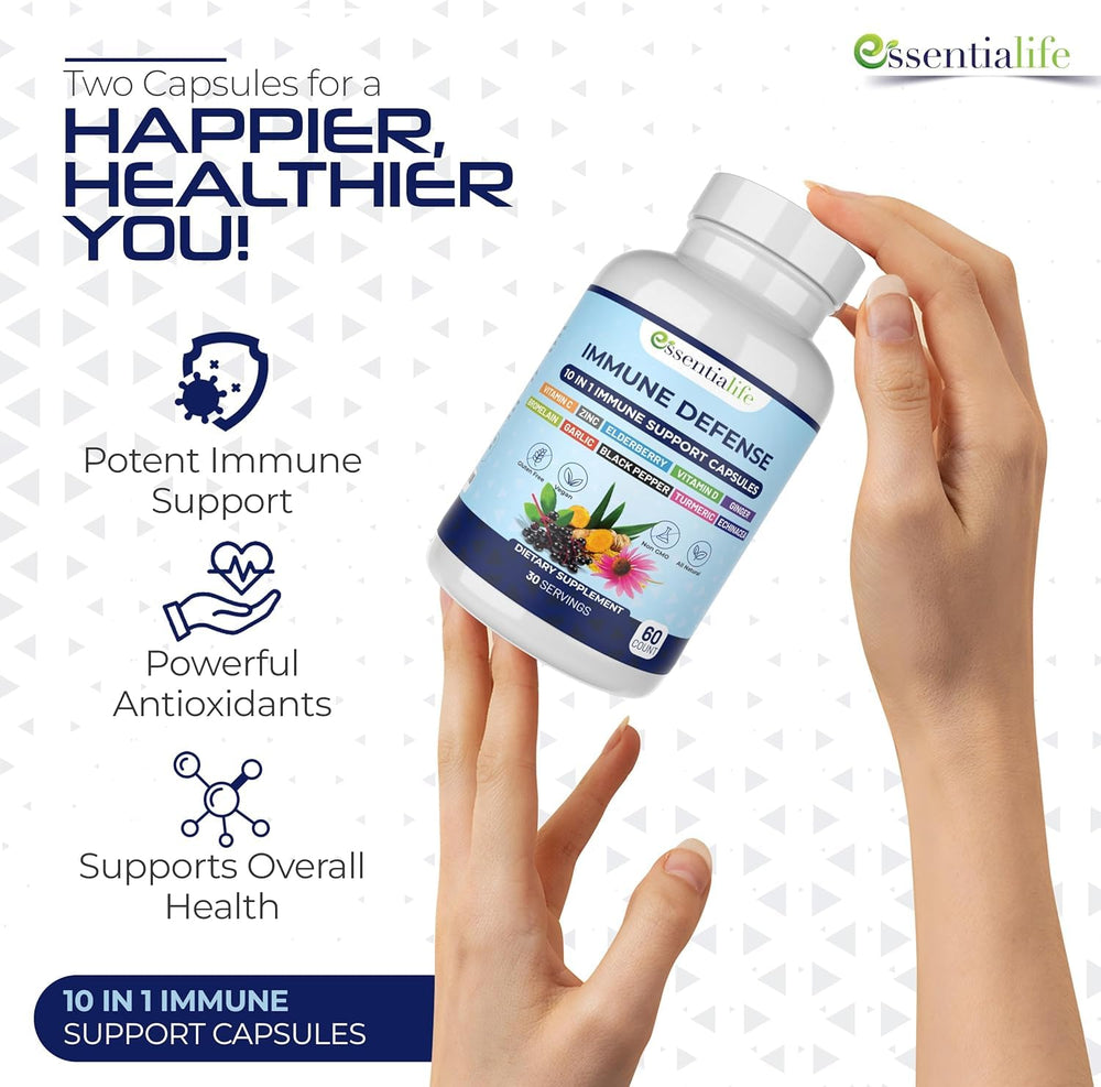 Pack of Essentialife elderberry capsules emphasizing natural immunity ingredients.