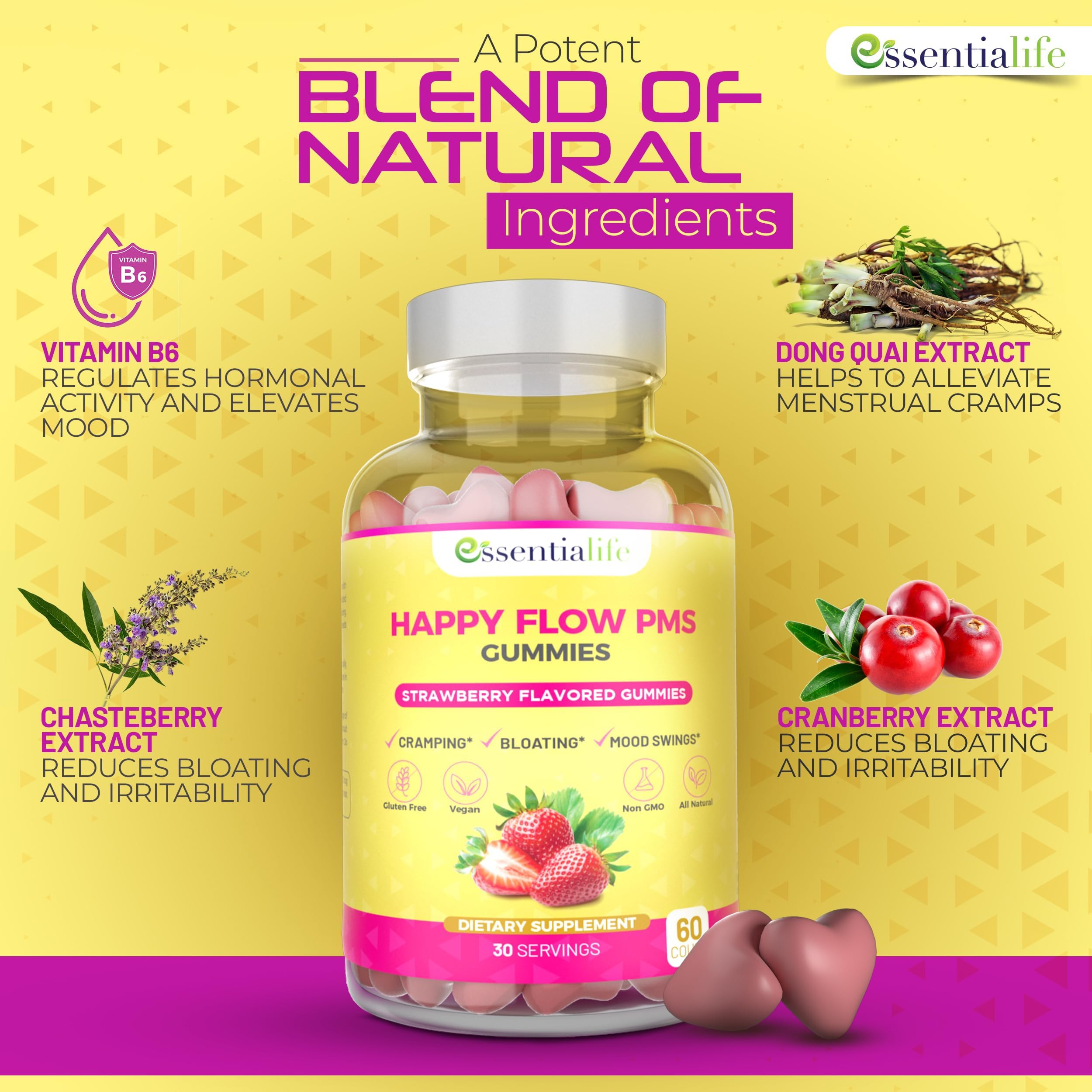 Essentialife Happy Flow strawberry-flavored gummies for easy PMS relief.