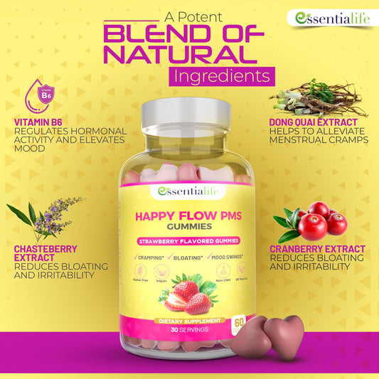 Essentialife Happy Flow strawberry-flavored gummies for easy PMS relief.