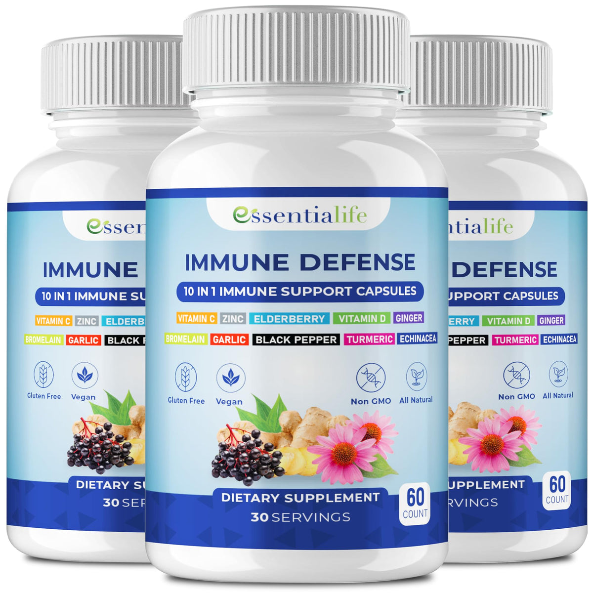 Essentialife Immune Support bottle front with capsules for daily immune support.