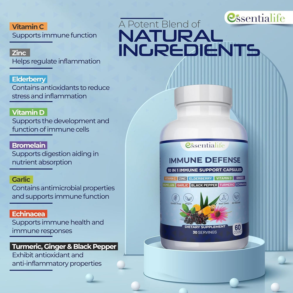Label detail on Essentialife Immune Support highlighting elderberry and zinc benefits.