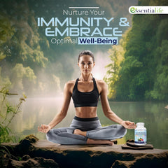 Shot of Essentialife vitamins in a glass with a bright, healthy look.