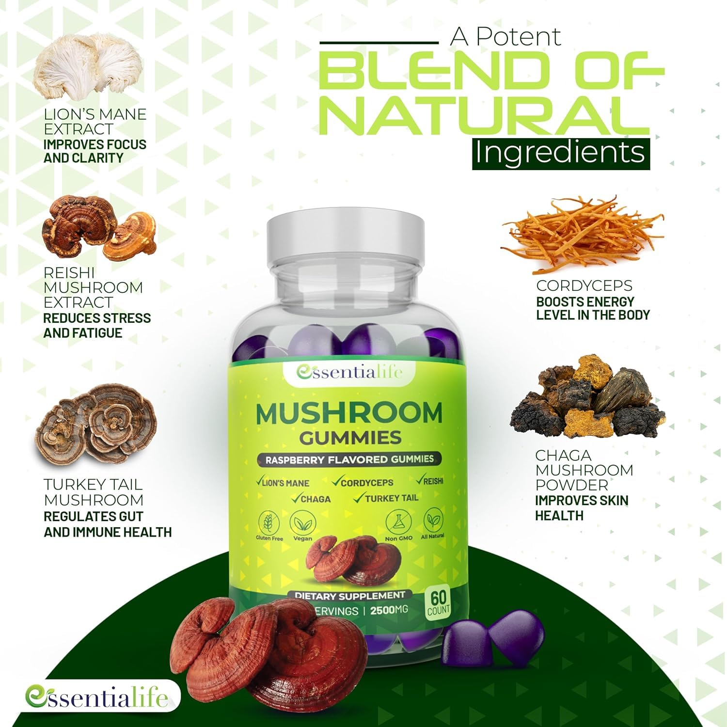 Essentialife Lions Mane Gummies close-up may support focus throughout the day.