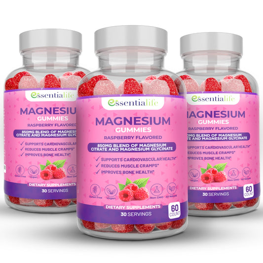 Essentialife Magnesium Gummies 3-pack front view for easy daily wellness.