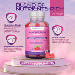 Essentialife Magnesium Gummies closeup texture highlighting chewy sweetness and color.
