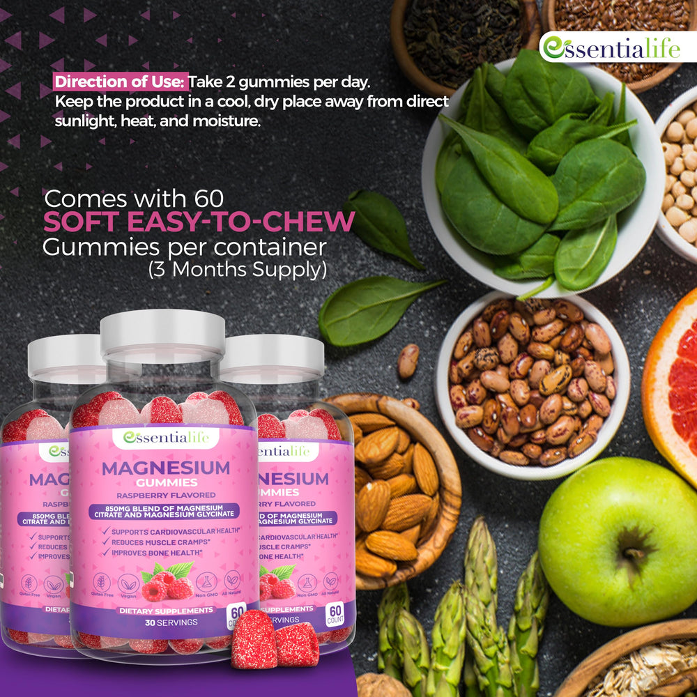 Essentialife Magnesium Gummies label info with ingredients and usage guidance.