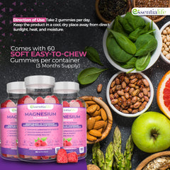 Essentialife Magnesium Gummies label info with ingredients and usage guidance.