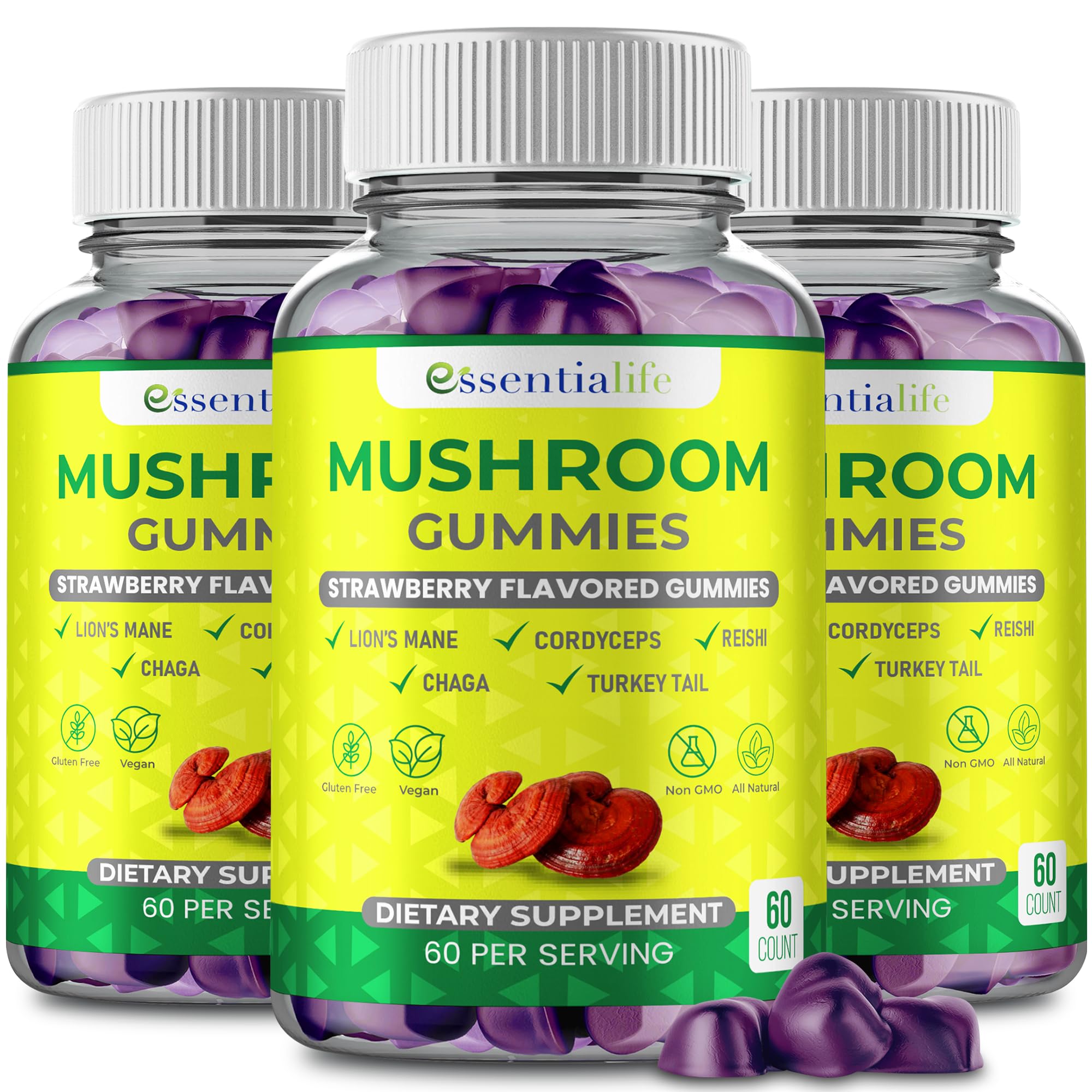 Essentialife Mushroom Gummies bottle on a clean surface for easy daily use.