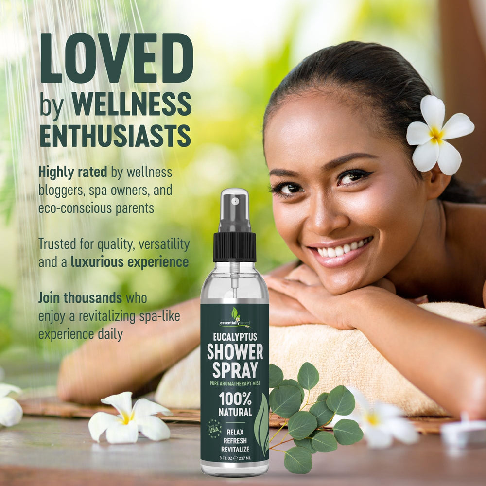 EssentiallyBased 8oz shower spray bottle display for home aromatherapy