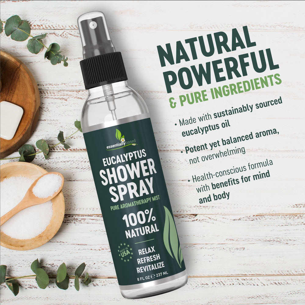 EssentiallyBased eucalyptus shower mist-dispense in action for continuous scent