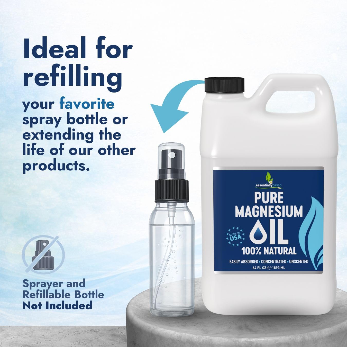 EssentiallyBased Pure Magnesium Oil Spray extra-strength formula for deeper muscle relief.