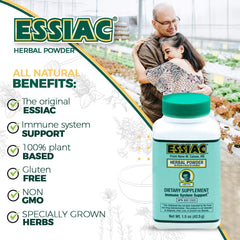 Essiac bottle closeup, showcasing authentic formula and peak-harvest herbs.