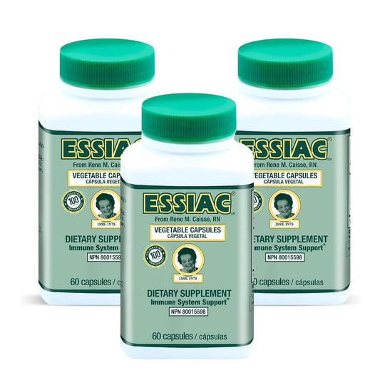 Essiac capsules bottle front shows a convenient antioxidant blend for daily use.