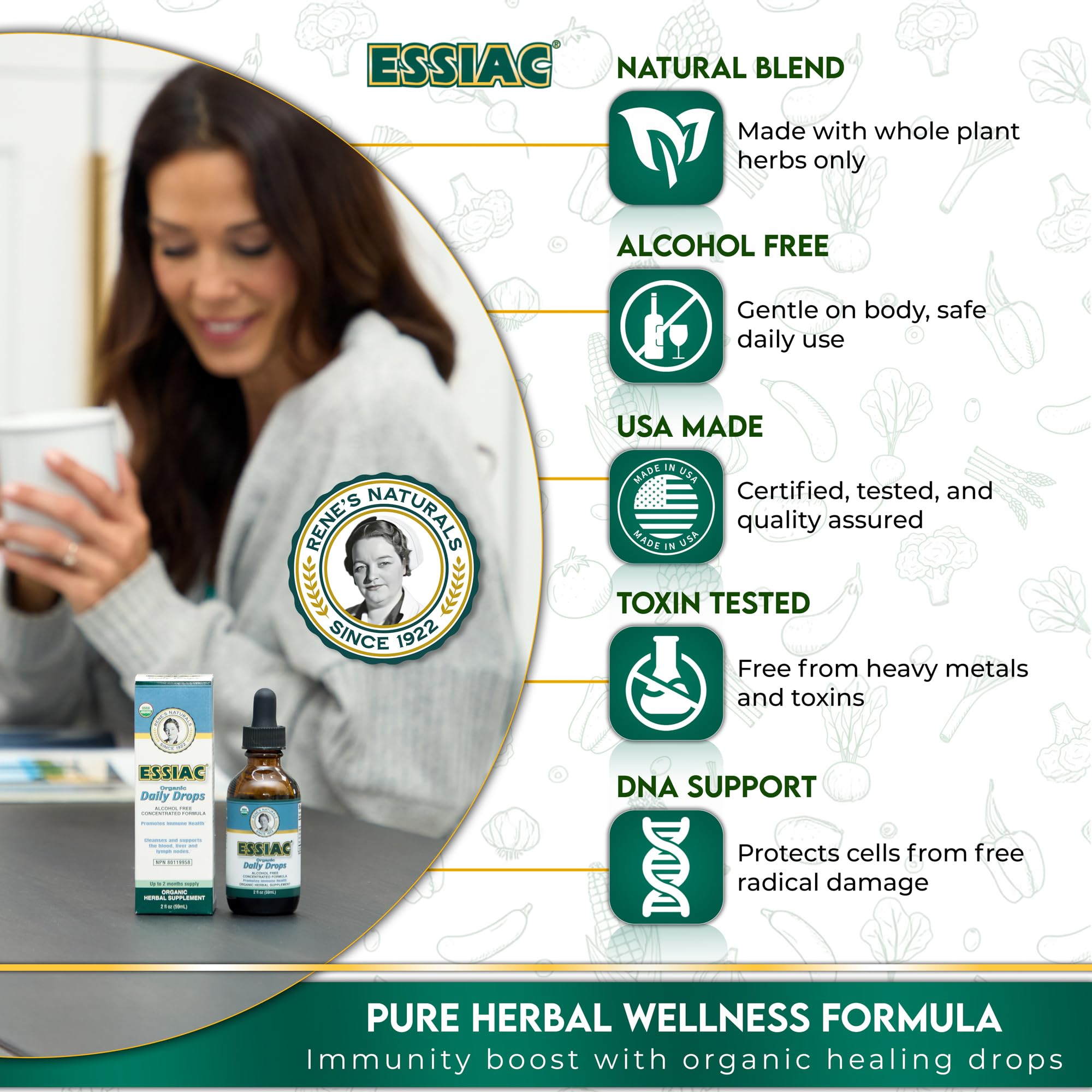 Essiac Drops bottle label showing organic herbal blend.