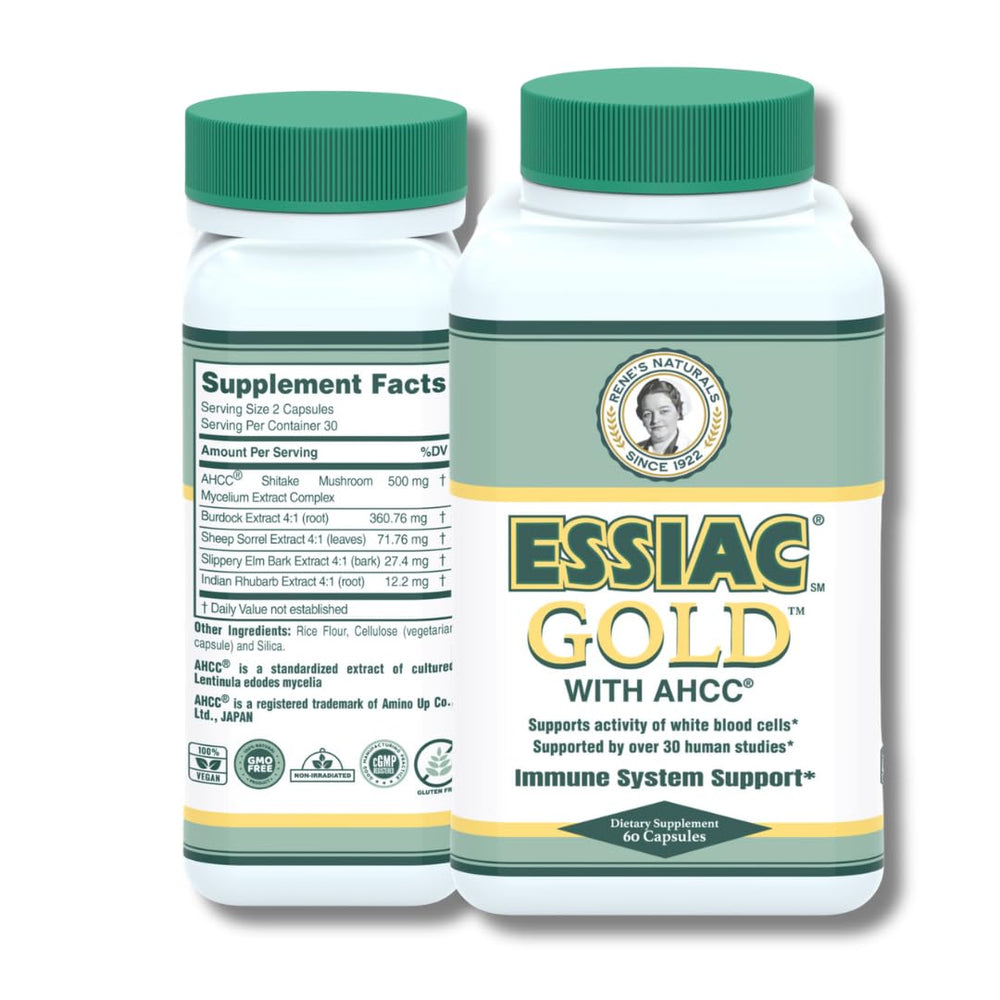 Essiac Gold AHCC capsules on white background, potential immune support.