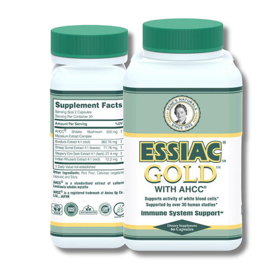 Essiac Gold AHCC capsules on white background, potential immune support.