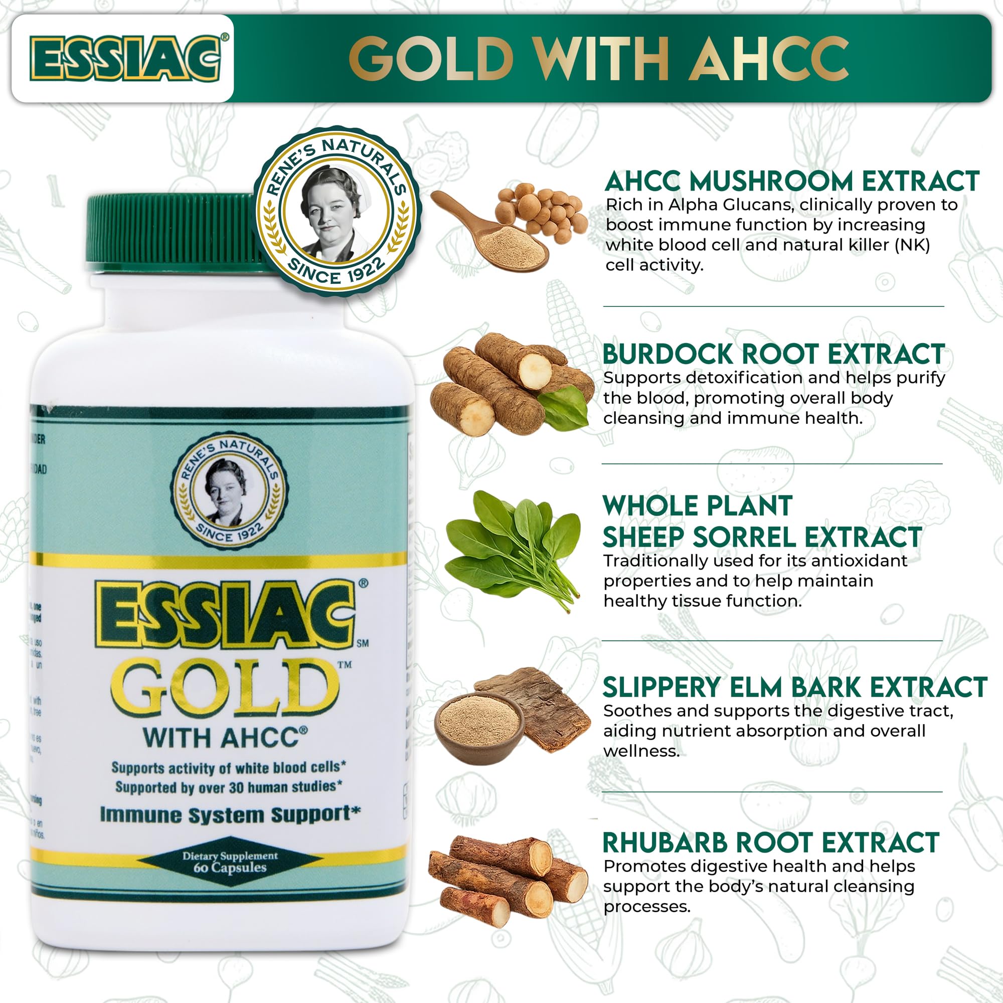 Essiac Gold bottle side view highlighting capsule count and label.