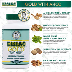 Essiac Gold bottle side view highlighting capsule count and label.