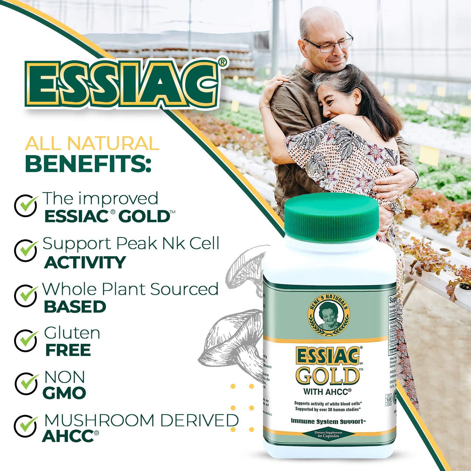 Essiac Gold ingredients list highlighting AHCC blend.