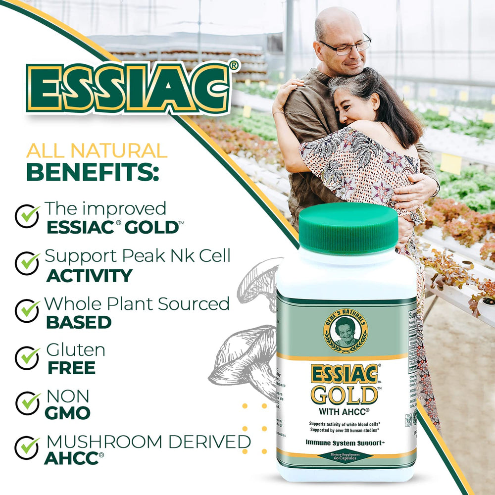 Essiac Gold ingredients list highlighting AHCC blend.